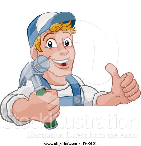 Vector Illustration of Cartoon Handyman Hammer Guy DIY Carpenter Builder