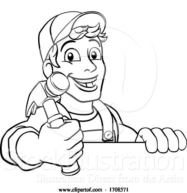 Vector Illustration of Cartoon Handyman Hammer Guy DIY Carpenter Builder