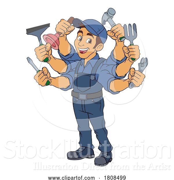 Vector Illustration of Cartoon Handyman Handy Guy Caretaker Multitasking