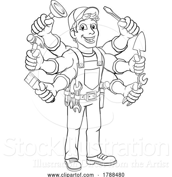 Vector Illustration of Cartoon Handyman Tools Caretaker Construction Guy