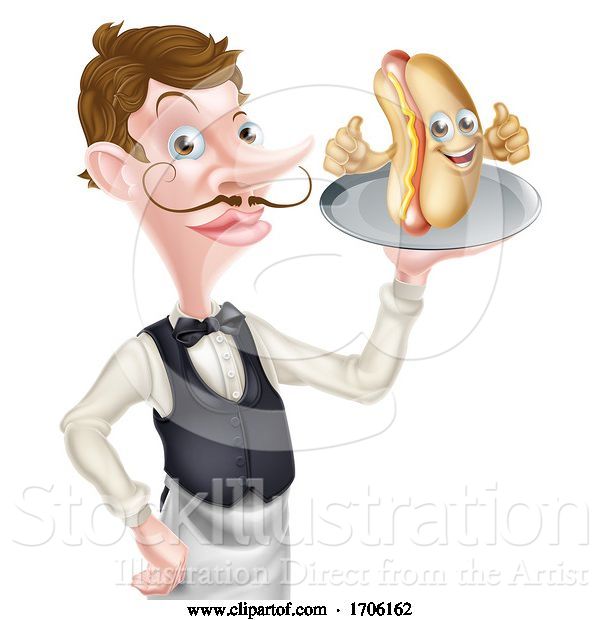 Vector Illustration of Cartoon Hotdog Mascot Waiter