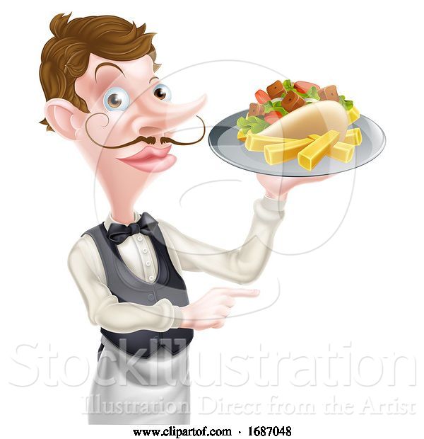 Vector Illustration of Cartoon Kebab and Chips Waiter Pointing