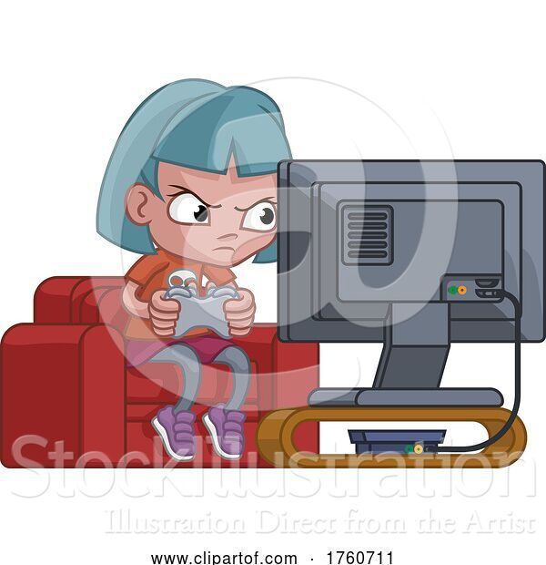 Vector Illustration of Cartoon Kid Girl Gamer Playing Video Games Console Cartoon