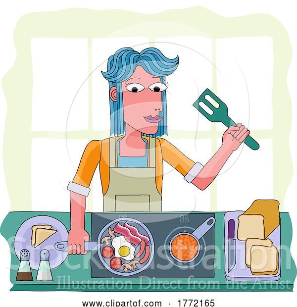 Vector Illustration of Cartoon Lady Cooking Food Fried English Breakfast Kitchen