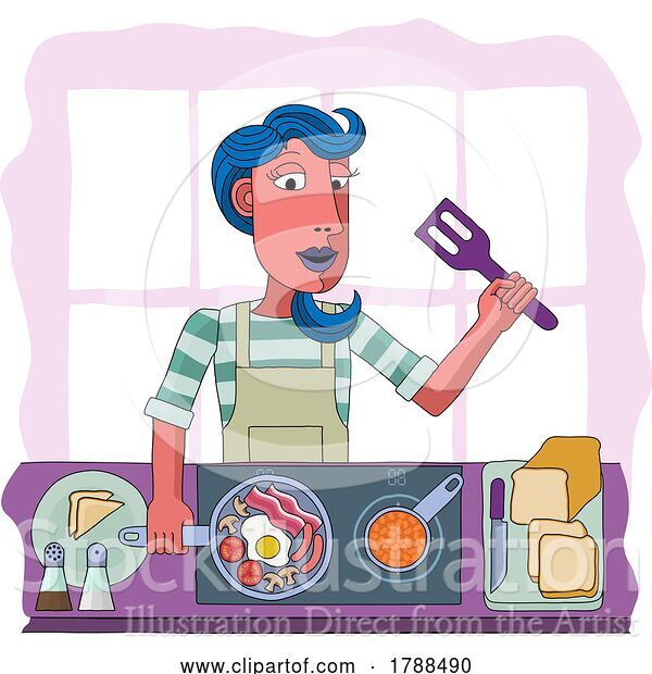 Vector Illustration of Cartoon Lady Cooking Food Fried English Breakfast Kitchen
