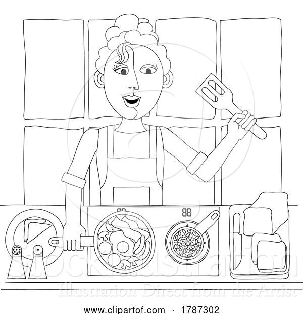 Vector Illustration of Cartoon Lady Cooking Food Fried English Breakfast Kitchen