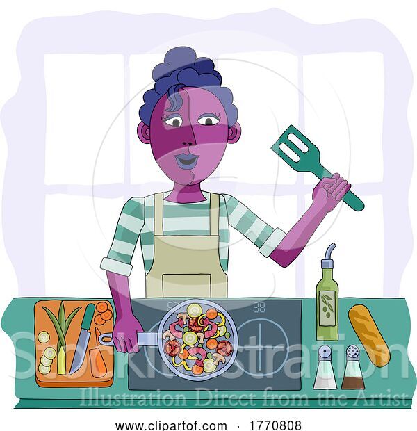 Vector Illustration of Cartoon Lady Cooking Vegetable Curry Chinese Food Kitchen