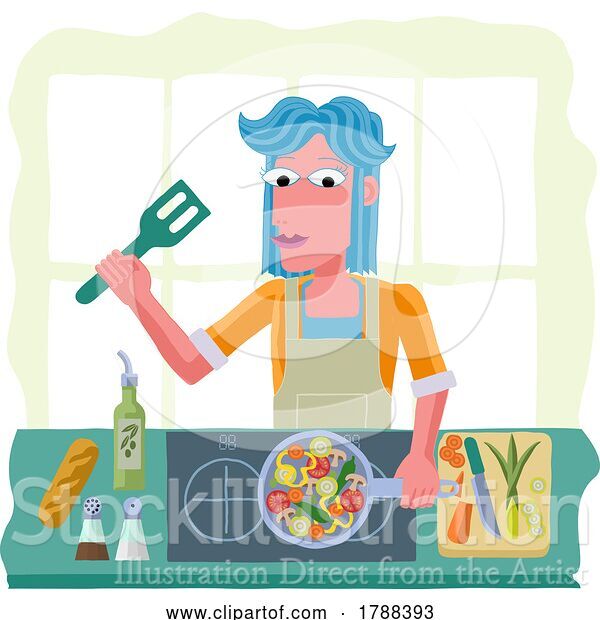 Vector Illustration of Cartoon Lady Cooking Vegetable Curry Chinese Food Kitchen