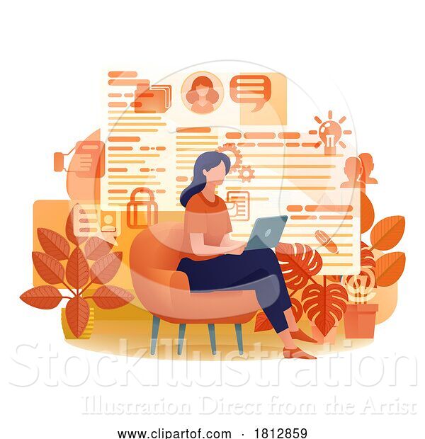 Vector Illustration of Cartoon Lady Laptop Remote Working Internet Cartoon