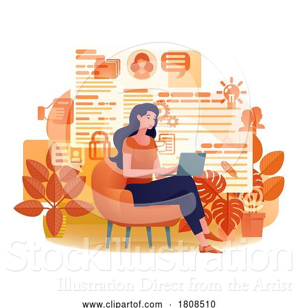 Vector Illustration of Cartoon Lady Laptop Resume CV Job Search Online Cartoon