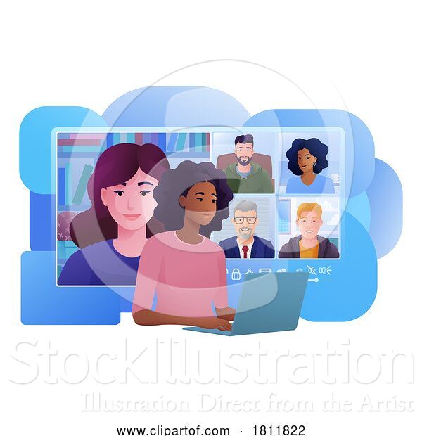 Vector Illustration of Cartoon Lady Online Video Call Meeting Laptop Cartoon