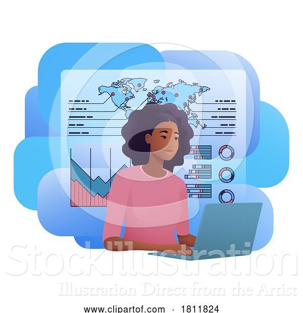 Vector Illustration of Cartoon Lady Student Laptop Statistics Data Illustration