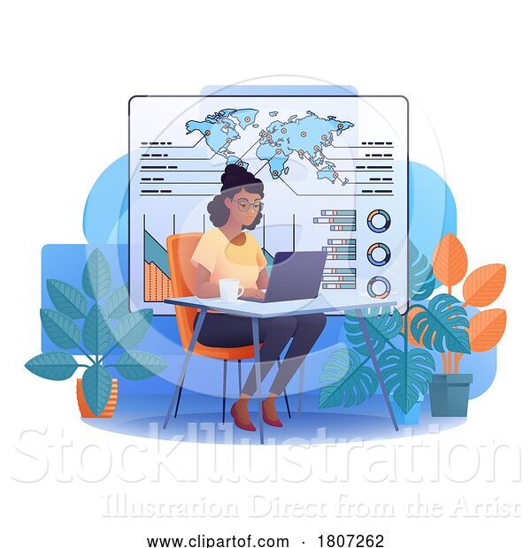 Vector Illustration of Cartoon Lady Student Research Laptop Data Illustration