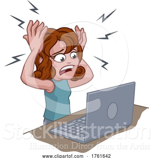 Vector Illustration of Cartoon Lady Unhappy Stressed Laptop Computer Cartoon