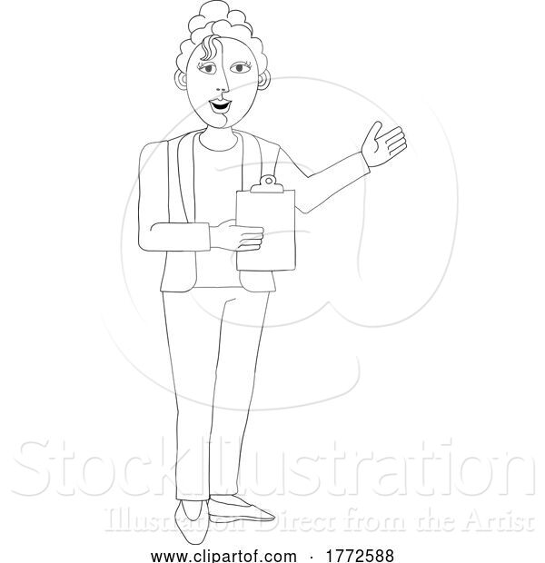 Vector Illustration of Cartoon Lady with Clipboard Pointing Illustration