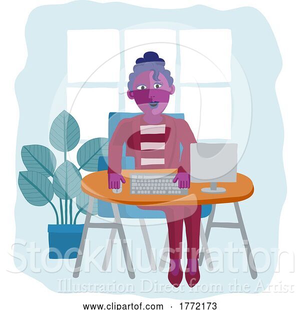 Vector Illustration of Cartoon Lady Working Behind Desk Computer Workstation