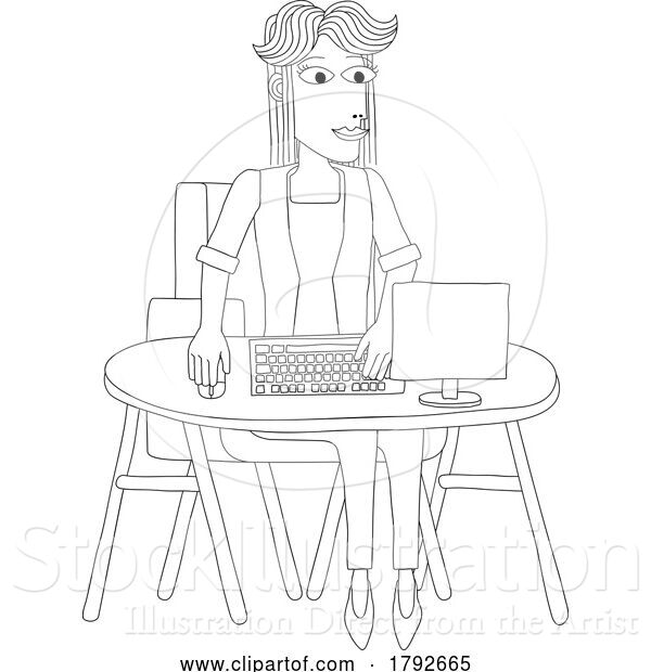 Vector Illustration of Cartoon Lady Working Behind Desk Computer Workstation