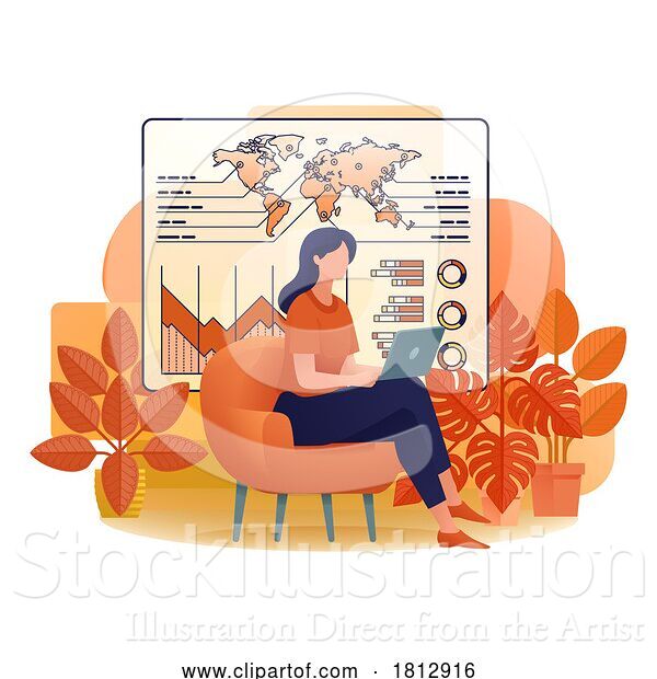 Vector Illustration of Cartoon Lady Working Laptop Business Report Illustration