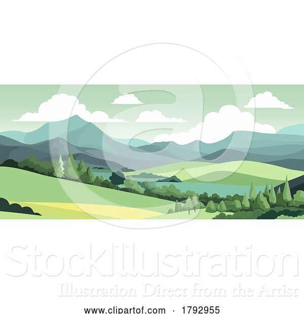 Vector Illustration of Cartoon Landscape Background Hills Mountains Fields Trees