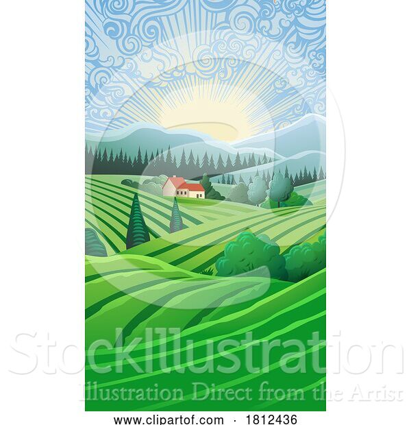 Vector Illustration of Cartoon Landscape Background Hills Mountains Fields Trees
