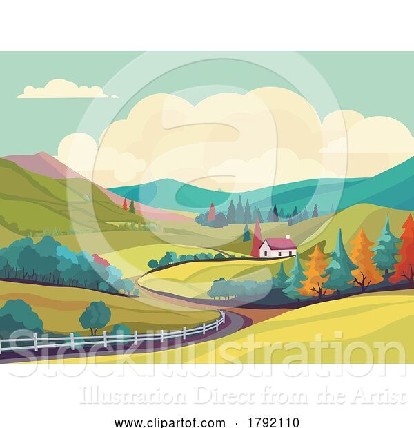 Vector Illustration of Cartoon Landscape Fields Hills Farm House Background