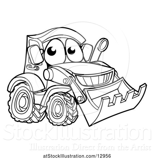 Vector Illustration of Cartoon Lineart Bulldozer Digger Mascot Character
