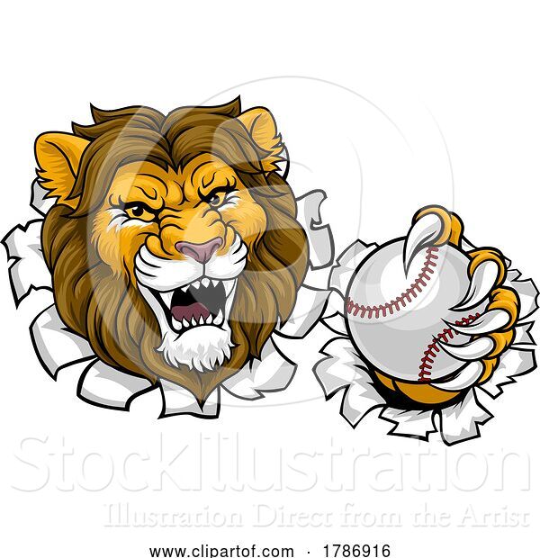Vector Illustration of Cartoon Lion Baseball Ball Animal Sports Team Mascot