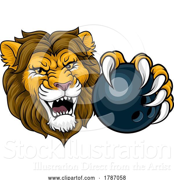 Vector Illustration of Cartoon Lion Bowling Ball Animal Sports Team Mascot