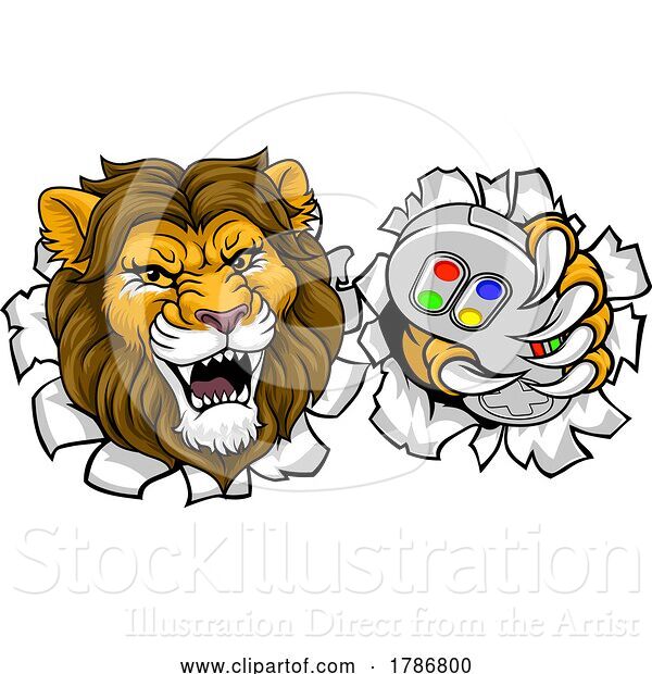Vector Illustration of Cartoon Lion Gamer Video Game Animal Sports Team Mascot