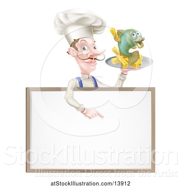 Vector Illustration of Cartoon Male Chef Holding Fish and Chips on a Tray and Pointing down over a Menu