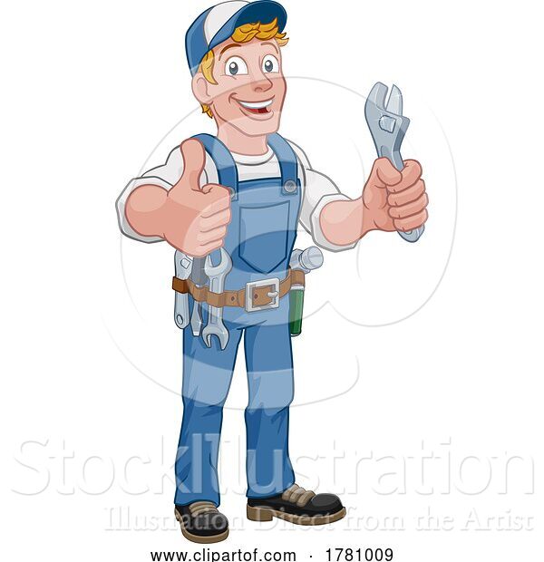 Vector Illustration of Cartoon Mechanic Plumber Wrench Spanner Handyman