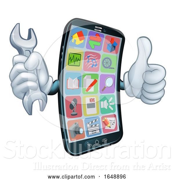 Vector Illustration of Cartoon Mobile Phone Repair Spanner Thumbs up Cartoon