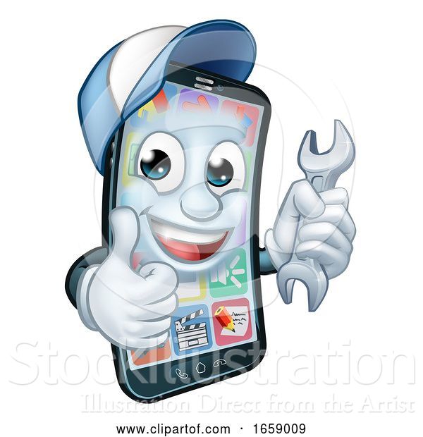 Vector Illustration of Cartoon Mobile Phone Repair Spanner Thumbs up Cartoon