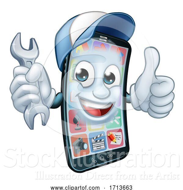 Vector Illustration of Cartoon Mobile Phone Repair Spanner Thumbs up Cartoon