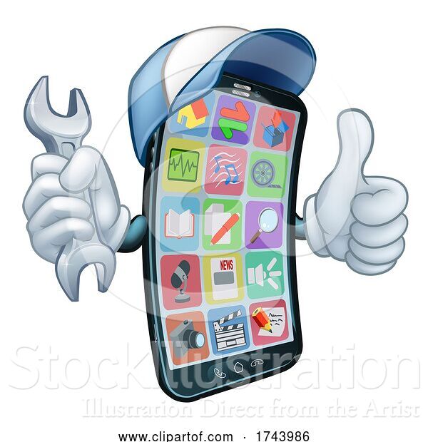 Vector Illustration of Cartoon Mobile Phone Repair Spanner Thumbs up Cartoon