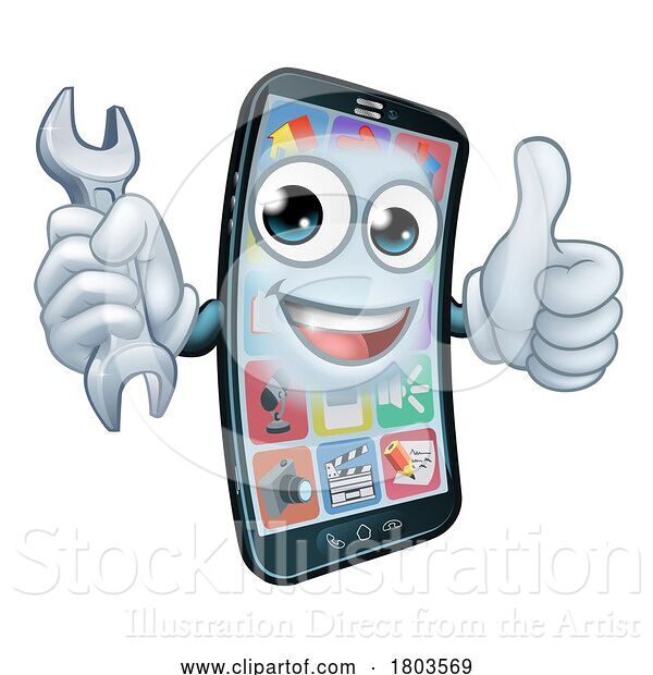 Vector Illustration of Cartoon Mobile Phone Repair Spanner Thumbs up Cartoon