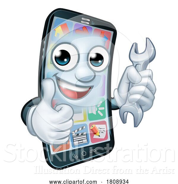 Vector Illustration of Cartoon Mobile Phone Repair Spanner Thumbs up Cartoon