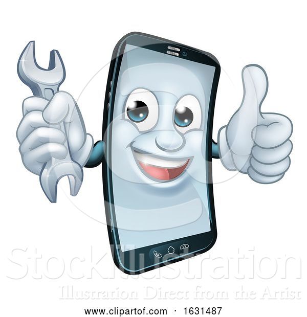 Vector Illustration of Cartoon Mobile Phone Repair Spanner Thumbs up Mascot