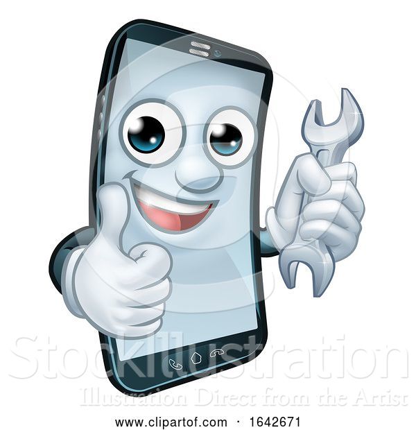 Vector Illustration of Cartoon Mobile Phone Repair Spanner Thumbs up Mascot