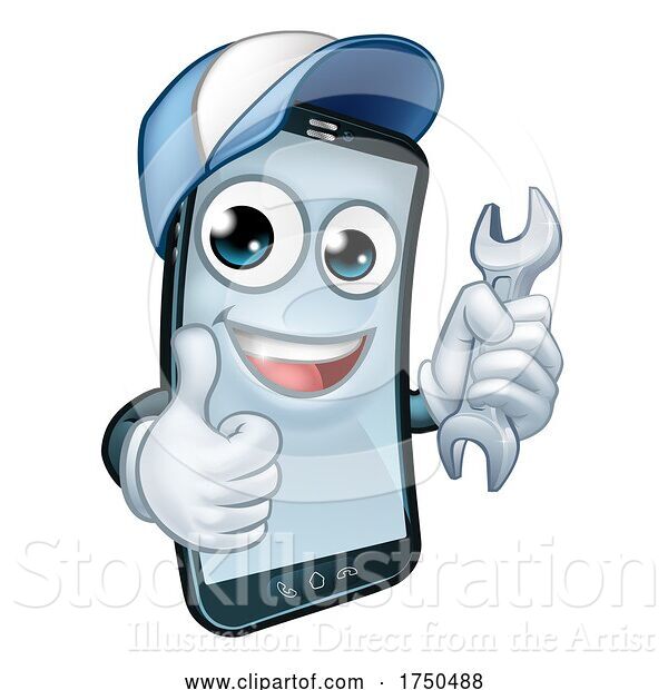 Vector Illustration of Cartoon Mobile Phone Repair Spanner Thumbs up Mascot