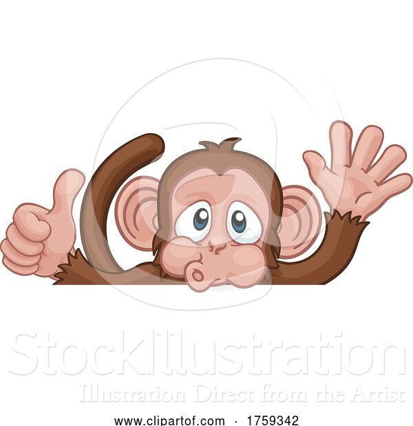 Vector Illustration of Cartoon Monkey Animal Behind Sign Thumbs up Waving