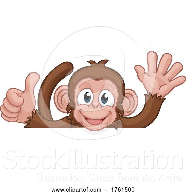 Vector Illustration of Cartoon Monkey Animal Behind Sign Thumbs up Waving