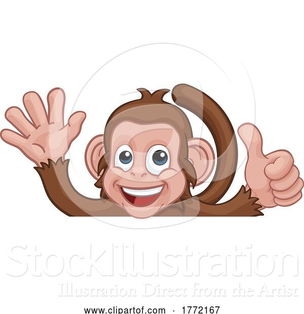 Vector Illustration of Cartoon Monkey Animal Behind Sign Thumbs up Waving