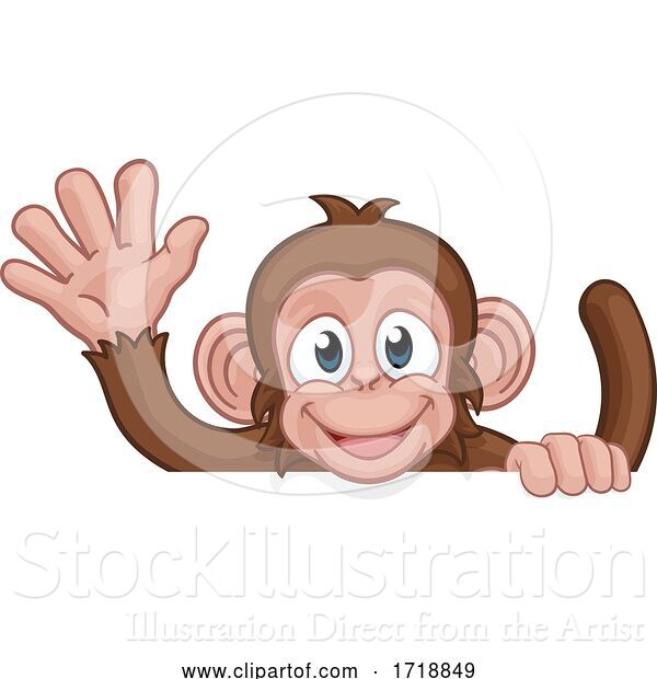 Vector Illustration of Cartoon Monkey Animal Behind Sign Waving