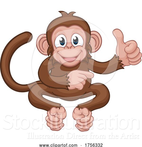 Vector Illustration of Cartoon Monkey Animal Thumbs up and Pointing