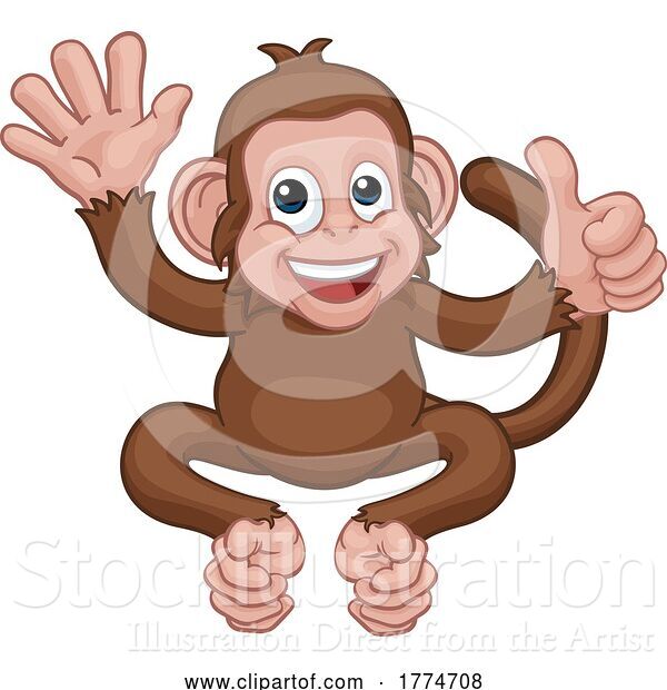 Vector Illustration of Cartoon Monkey Animal Waving and Giving Thumbs up