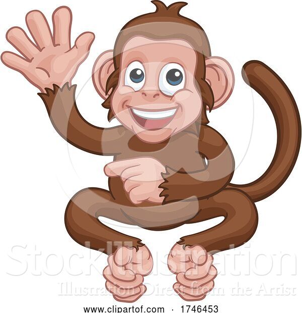 Vector Illustration of Cartoon Monkey Animal Waving and Pointing