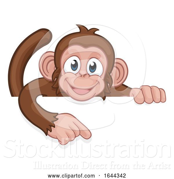 Vector Illustration of Cartoon Monkey Character Animal Pointing at Sign