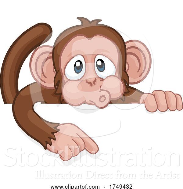 Vector Illustration of Cartoon Monkey Character Animal Pointing at Sign