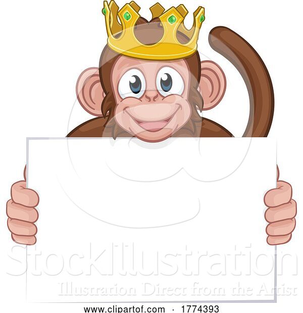 Vector Illustration of Cartoon Monkey King Crown Animal Holding Sign